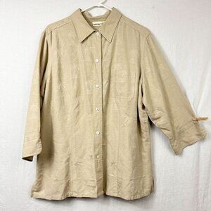 Cherokee 100% Washable Silk Blouse Women 16 Plus Size Tropical Neutral 3/4 Sleev